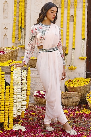 Light Peach Crepe & Georgette Pant Saree Set by Chhavvi Aggarwal
