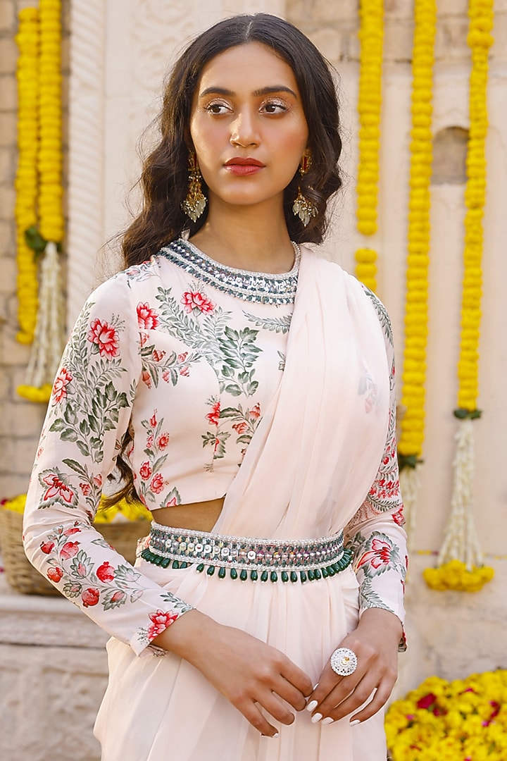 Light Peach Crepe & Georgette Pant Party Wear Saree Set by Chhavvi Aggarwal at Pernia's Pop Up Shop