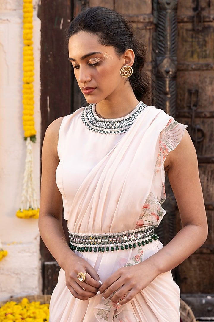 Light Peach Draped Party Wear Sharara Set by Chhavvi Aggarwal at Pernia's Pop Up Shop