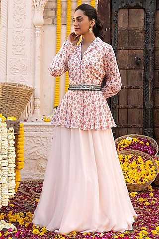 Light Peach Printed Jacket Set by Chhavvi Aggarwal
