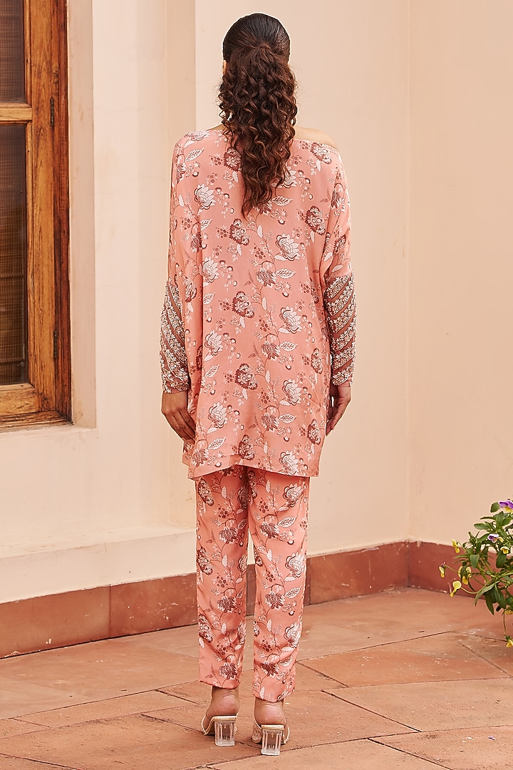 Peach Crepe Embroidered & Printed One-Shoulder Kurta Set by Chhavvi Aggarwal at Pernia's Pop Up Shop