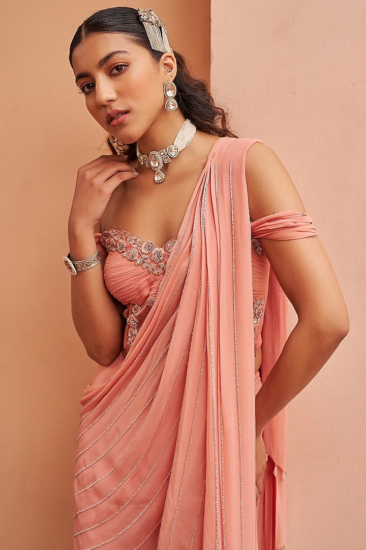 Peach Georgette Embroidered Sharara Wedding Saree Set by Chhavvi Aggarwal at Pernia's Pop Up Shop