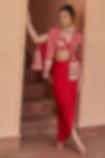 Red Satin Draped Skirt Set by Chhavvi Aggarwal at Pernia's Pop Up Shop