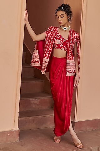 Red Satin Draped Skirt Set by Chhavvi Aggarwal