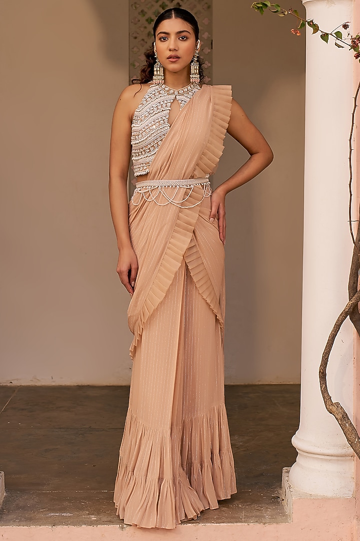 Beige Georgette Pre-Draped Wedding Saree Set by Chhavvi Aggarwal at Pernia's Pop Up Shop