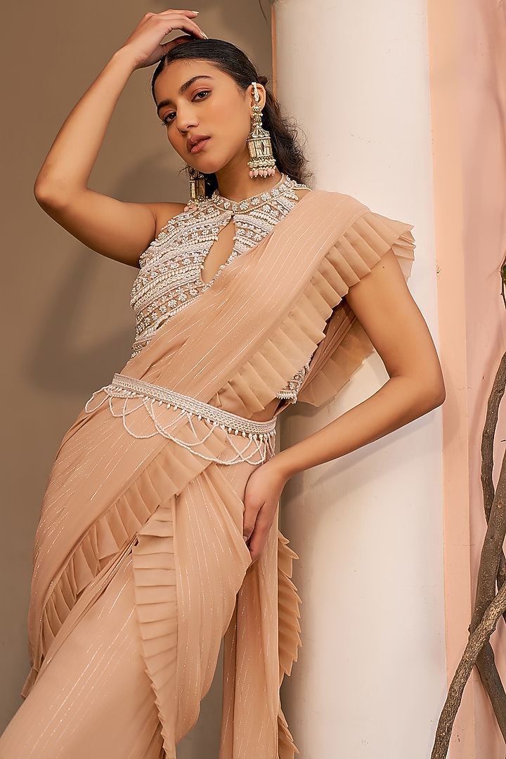 Beige Georgette Pre-Draped Wedding Saree Set by Chhavvi Aggarwal at Pernia's Pop Up Shop