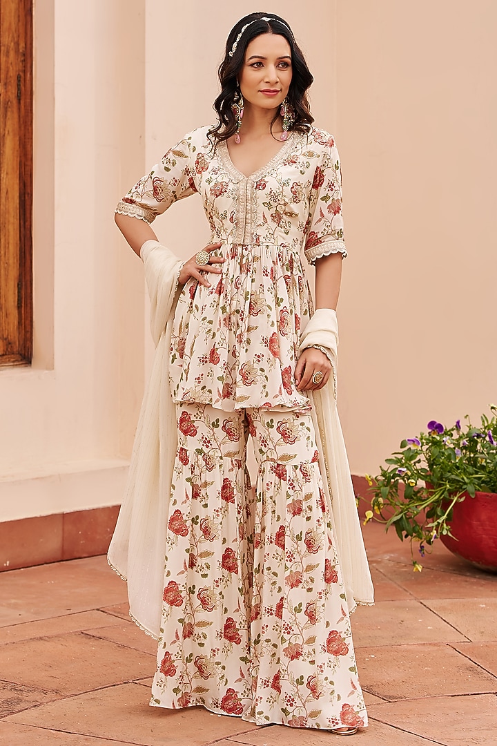 Ivory Crepe Party Wear Sharara Set by Chhavvi Aggarwal at Pernia's Pop Up Shop