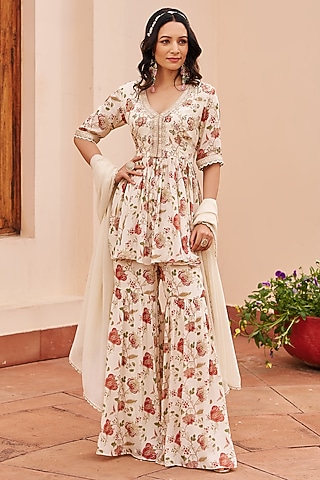 Ivory Crepe Sharara Set by Chhavvi Aggarwal