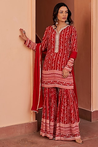 Red Georgette Printed Sharara Set by Chhavvi Aggarwal