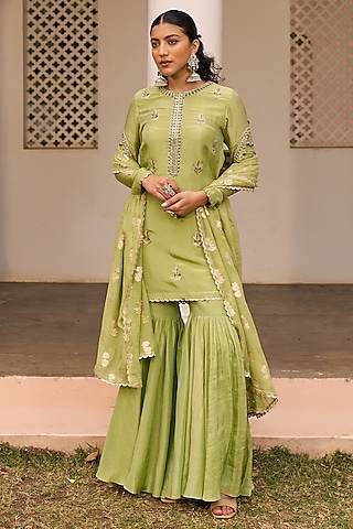 Green Tissue Sharara Set by Chhavvi Aggarwal