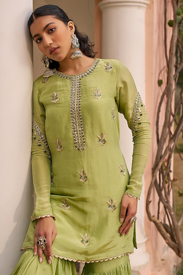 Green Tissue Wedding Sharara Set by Chhavvi Aggarwal at Pernia's Pop Up Shop