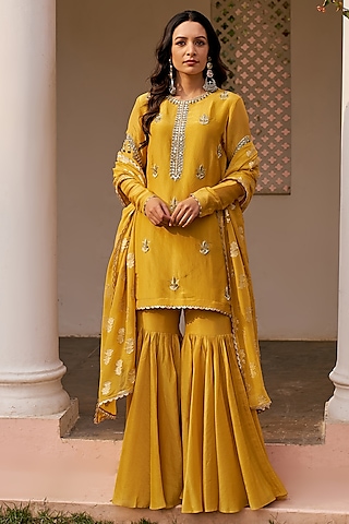 Yellow Tissue Sharara Set by Chhavvi Aggarwal