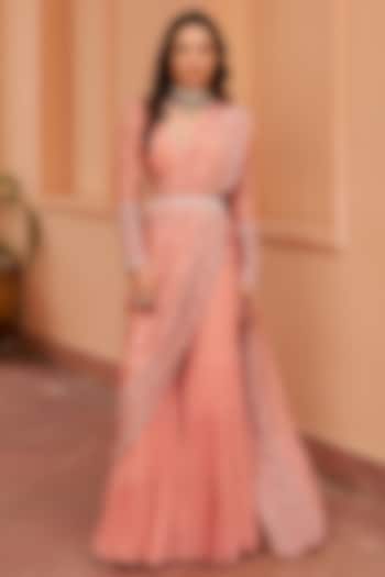 Peach Georgette Sharara Party Wear Saree Set by Chhavvi Aggarwal at Pernia's Pop Up Shop