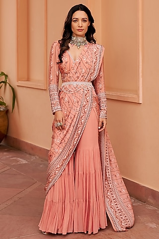 Peach Georgette Sharara Saree Set by Chhavvi Aggarwal