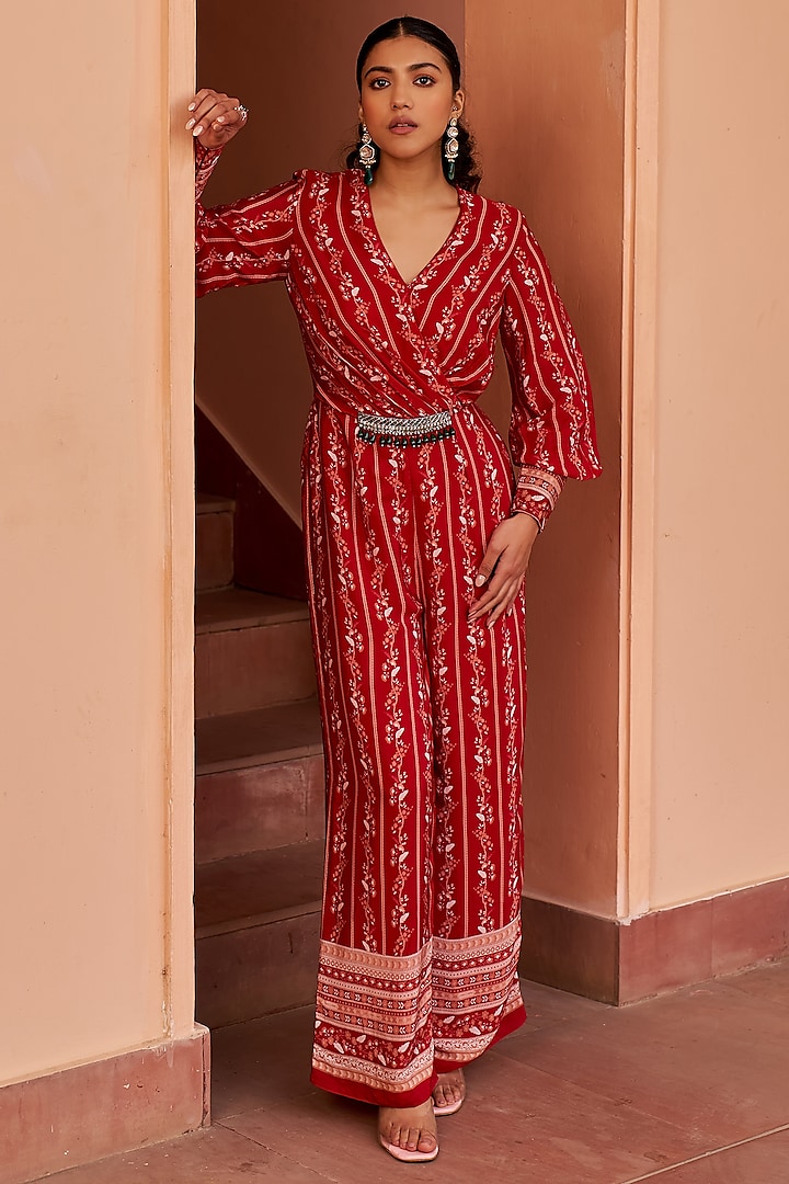 Red Crepe Printed & Embroidered Jumpsuit by Chhavvi Aggarwal