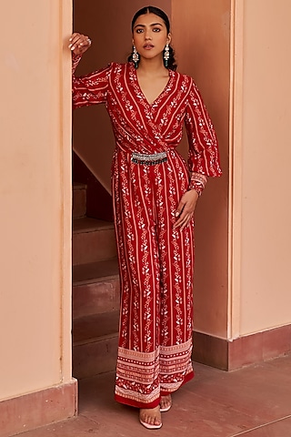 Red Crepe Printed & Embroidered Jumpsuit by Chhavvi Aggarwal