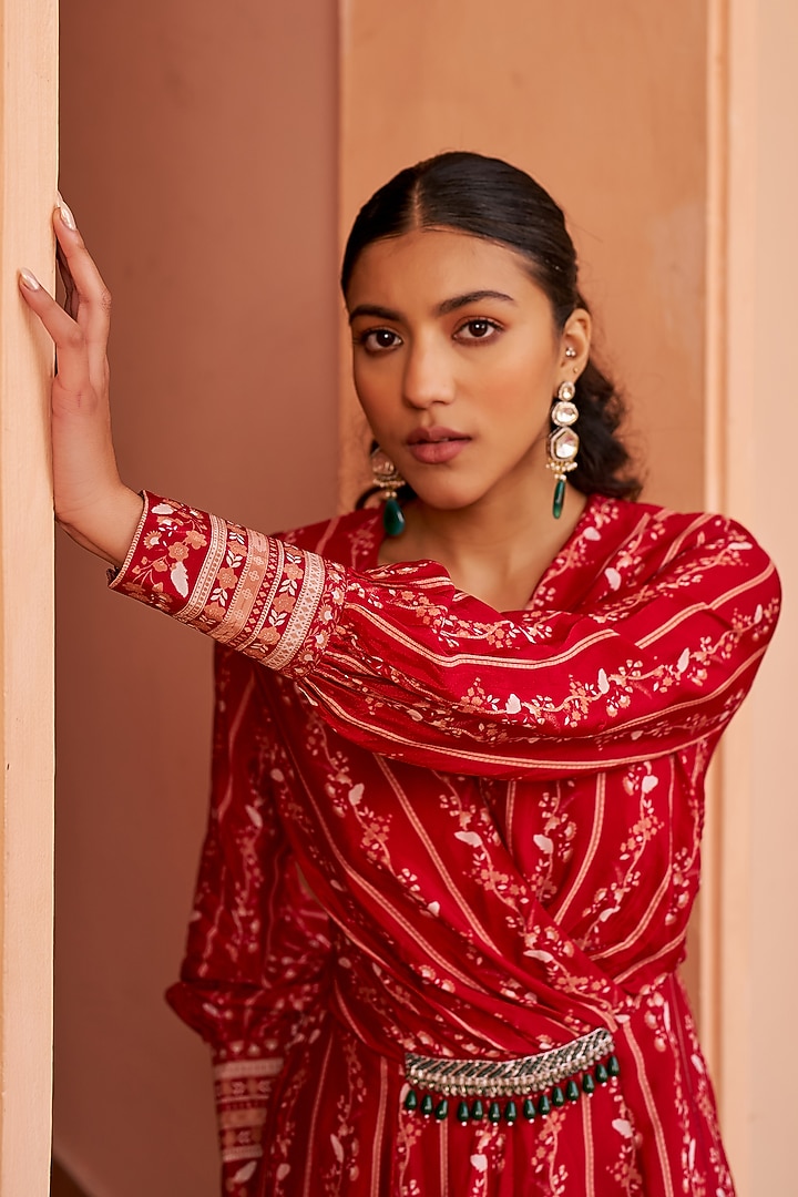 Red Crepe Printed & Embroidered Jumpsuit by Chhavvi Aggarwal at Pernia's Pop Up Shop