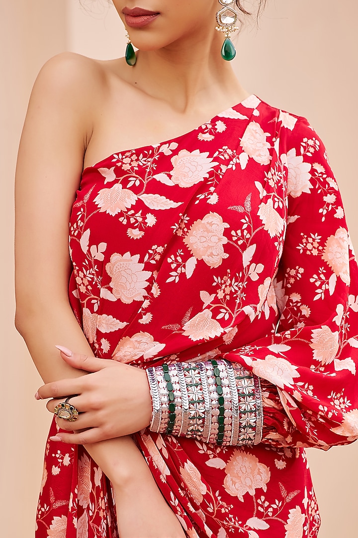 Red Crepe Printed & Embroidered Draped Vacation Dress by Chhavvi Aggarwal at Pernia's Pop Up Shop