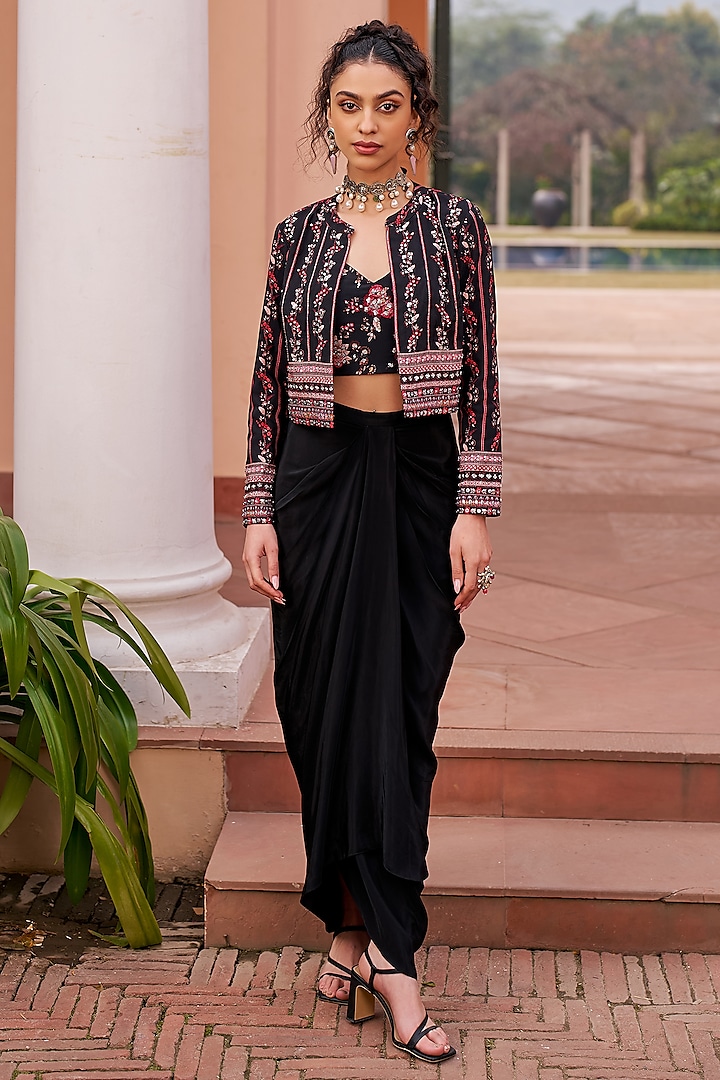 Black Crepe Hand Embroidered Jacket Set by Chhavvi Aggarwal at Pernia's Pop Up Shop