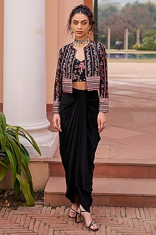 Black Crepe Hand Embroidered Jacket Set by Chhavvi Aggarwal