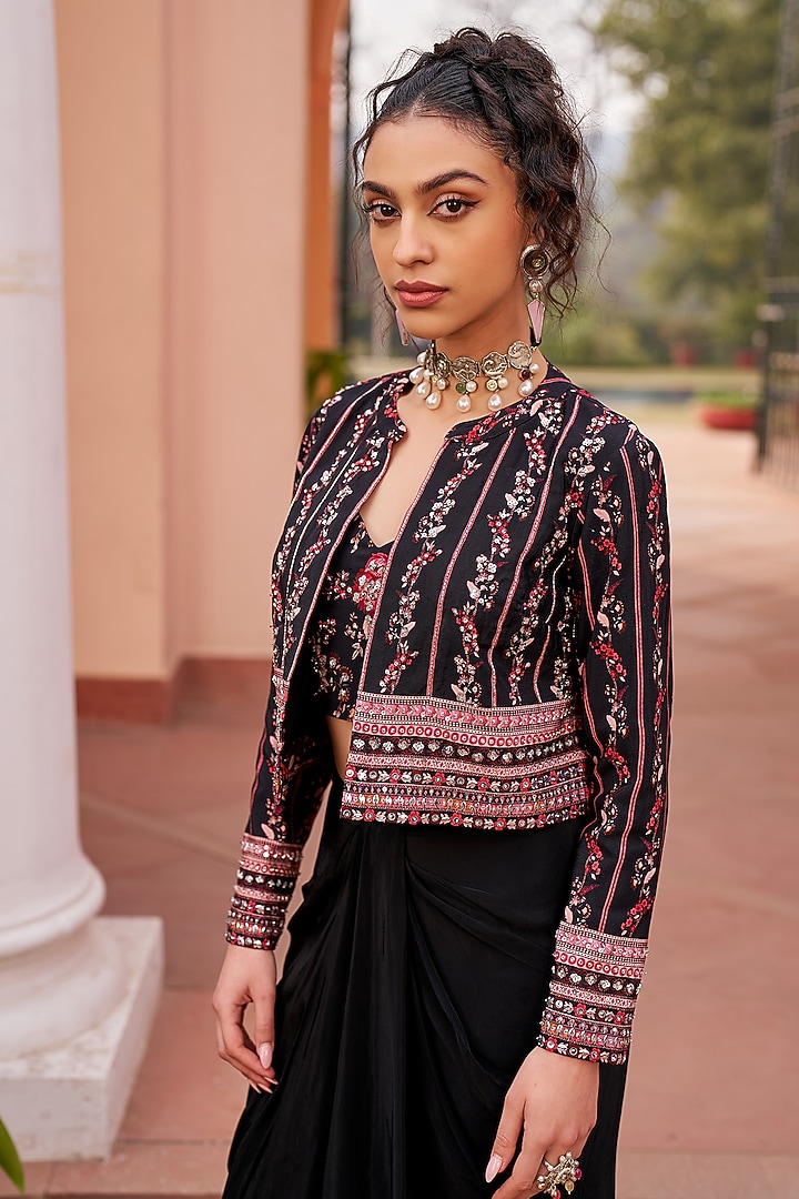 Black Crepe Hand Embroidered Jacket Set by Chhavvi Aggarwal at Pernia's Pop Up Shop