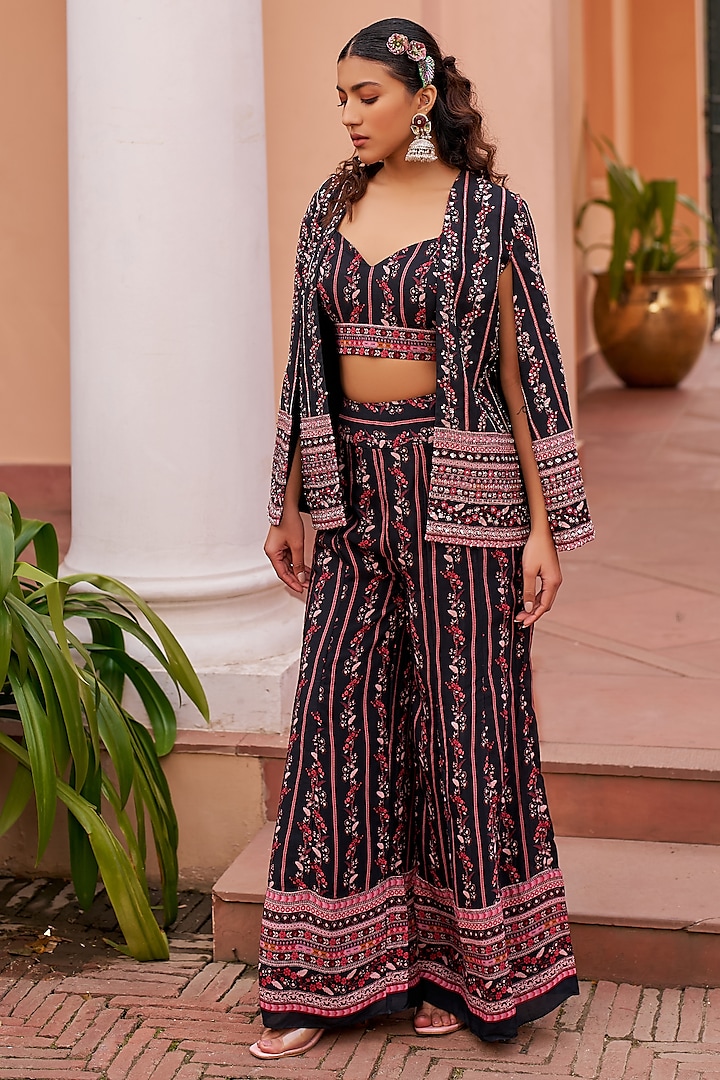 Black Crepe Embroidered Cape Set by Chhavvi Aggarwal