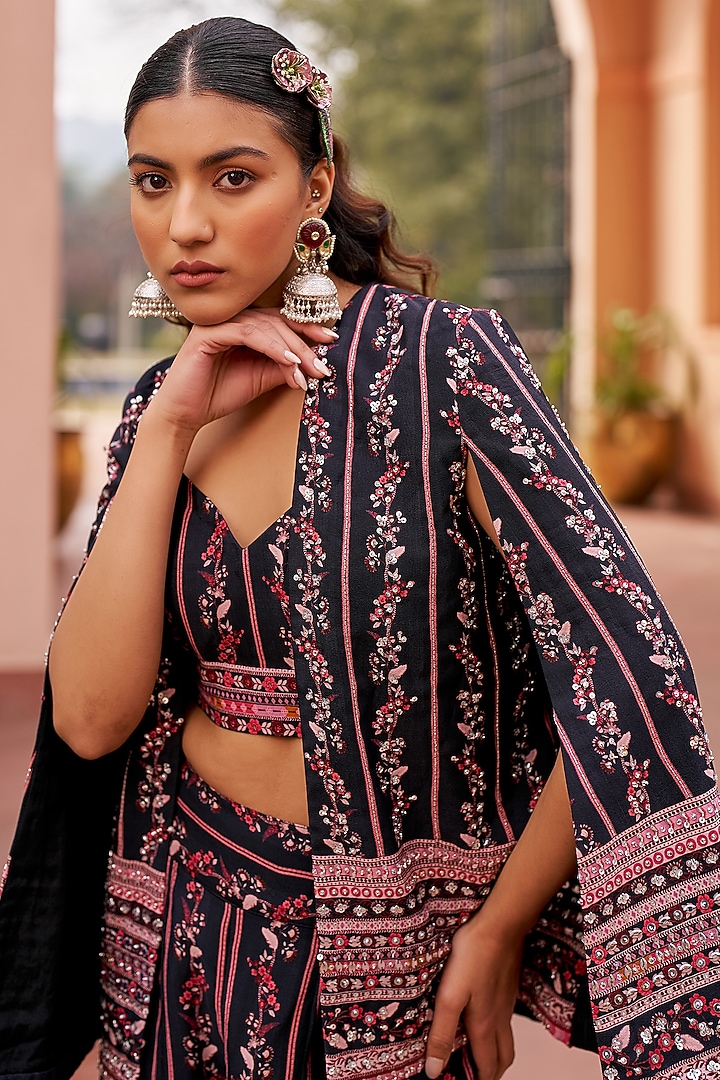 Black Crepe Embroidered Cape Set by Chhavvi Aggarwal at Pernia's Pop Up Shop