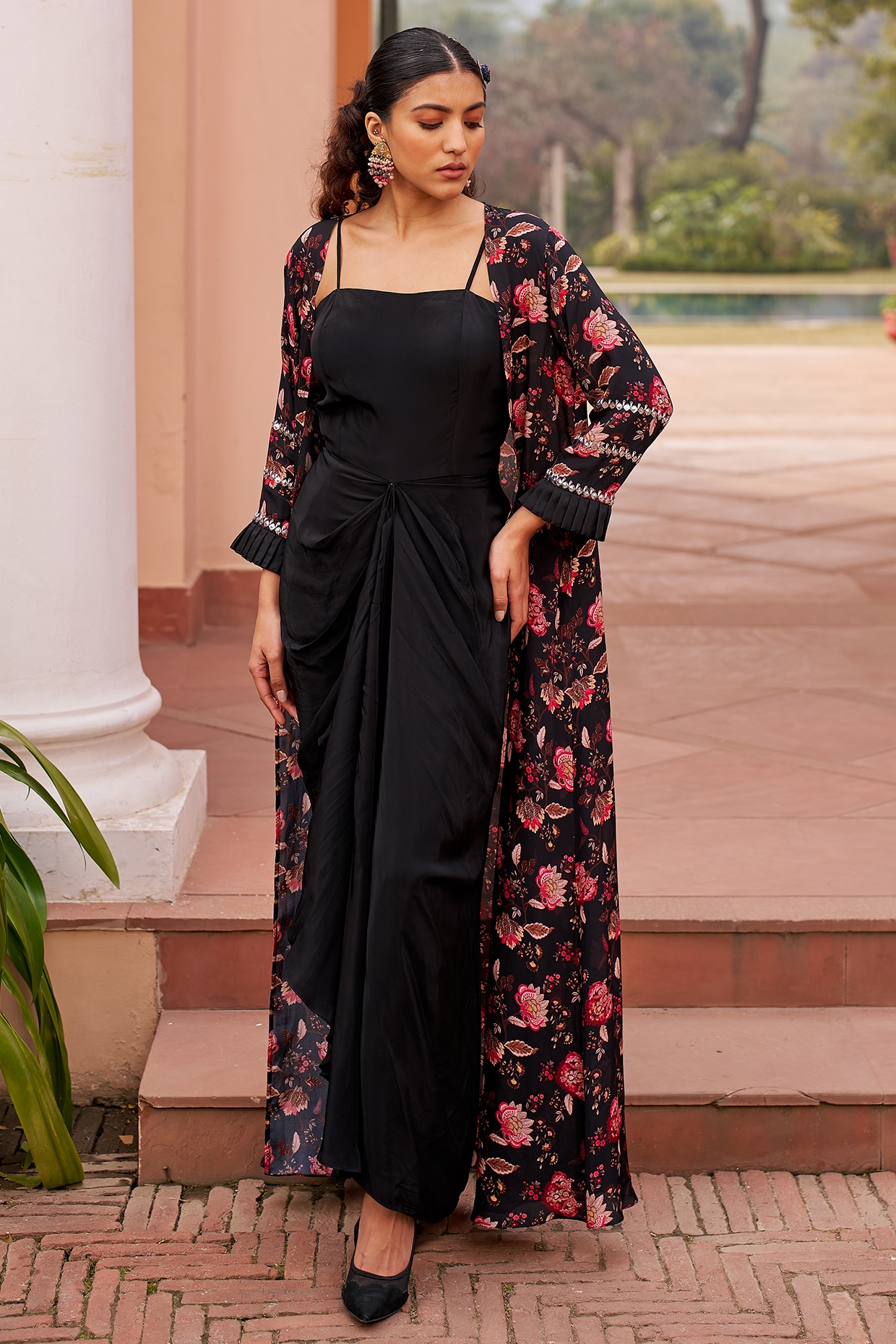 Black Crepe Embroidered & Printed Draped Jacket Vacation Dress by