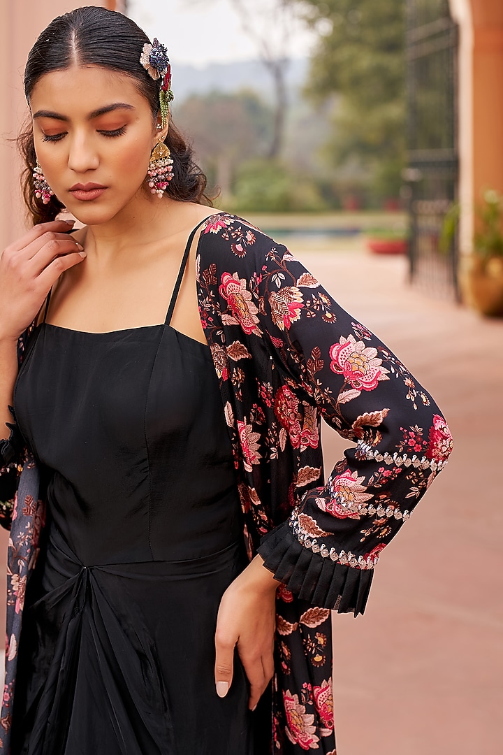 Black Crepe Embroidered & Printed Draped Jacket Vacation Dress by Chhavvi Aggarwal at Pernia's Pop Up Shop