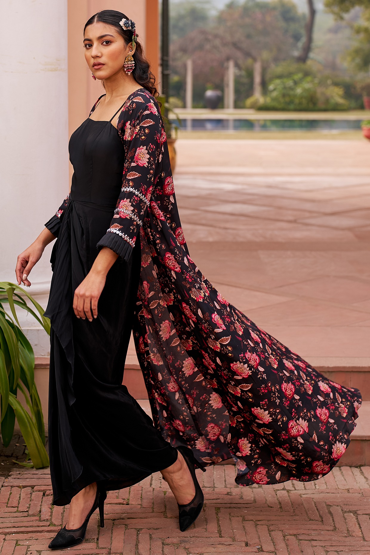 Black Crepe Embroidered & Printed Draped Jacket Vacation Dress by