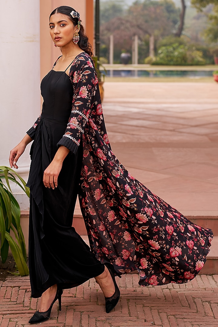 Black Crepe Embroidered & Printed Draped Jacket Vacation Dress by Chhavvi Aggarwal at Pernia's Pop Up Shop