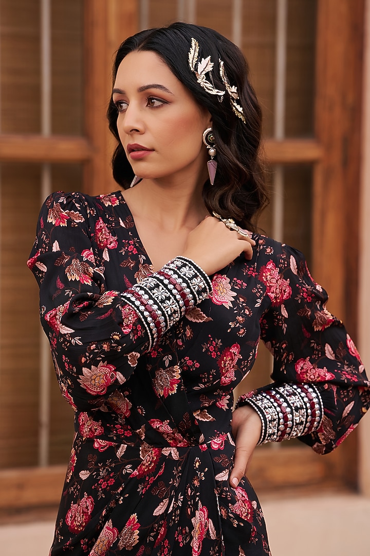 Black Crepe Printed & Embroidered Draped Vacation Dress by Chhavvi Aggarwal at Pernia's Pop Up Shop