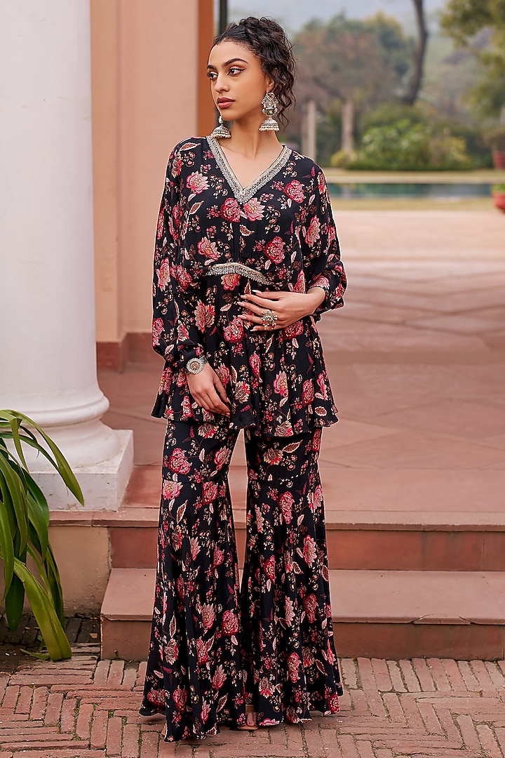 Black Crepe Printed Sharara Set by Chhavvi Aggarwal at Pernia's Pop Up Shop