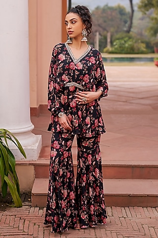 Black Crepe Printed Sharara Set by Chhavvi Aggarwal