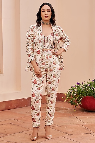 Ivory Crepe Floral Printed Jacket Set by Chhavvi Aggarwal