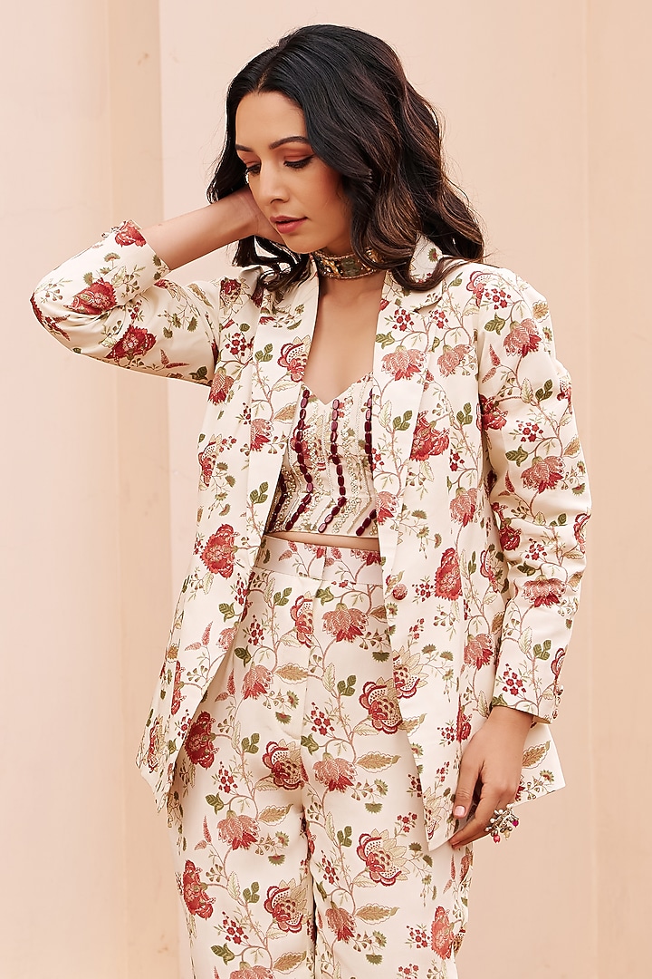 Ivory Crepe Floral Printed Jacket Set by Chhavvi Aggarwal at Pernia's Pop Up Shop