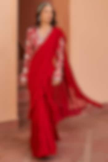 Red Georgette Pre-Draped Saree Set by Chhavvi Aggarwal