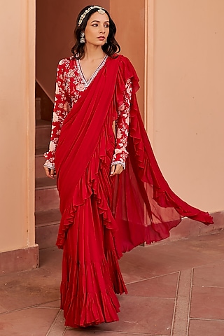 Red Georgette Pre-Draped Saree Set by Chhavvi Aggarwal