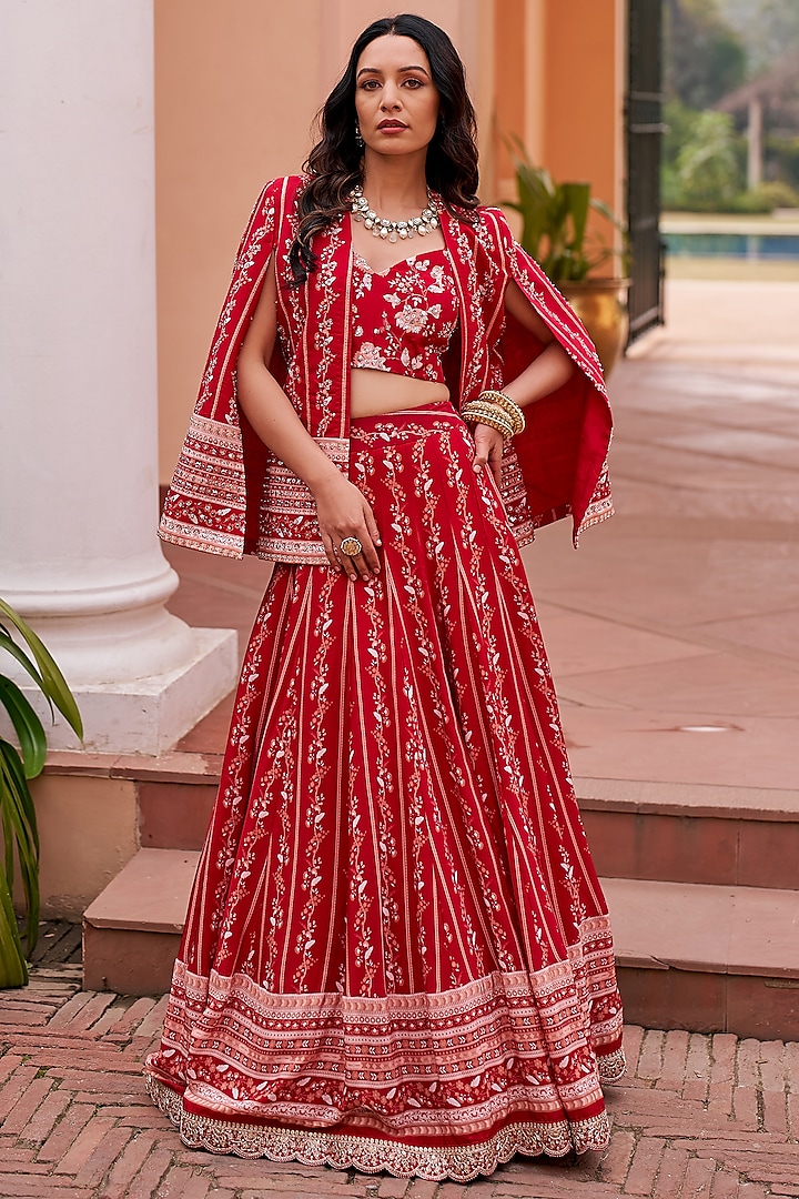 Reg Georgette & Crepe Printed Jacket Wedding Lehenga Set by Chhavvi Aggarwal at Pernia's Pop Up Shop