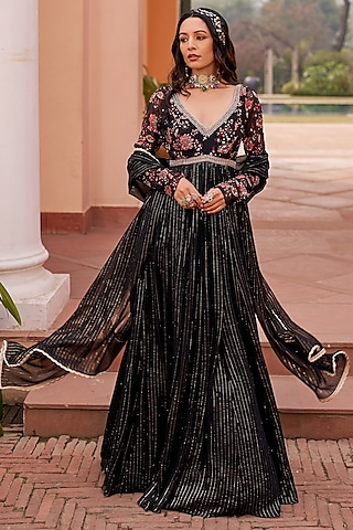 Black Georgette Hand Embroidered Anarkali Set by Chhavvi Aggarwal
