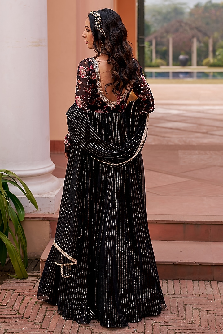 Black Georgette Hand Embroidered Wedding Anarkali Set by Chhavvi Aggarwal at Pernia's Pop Up Shop