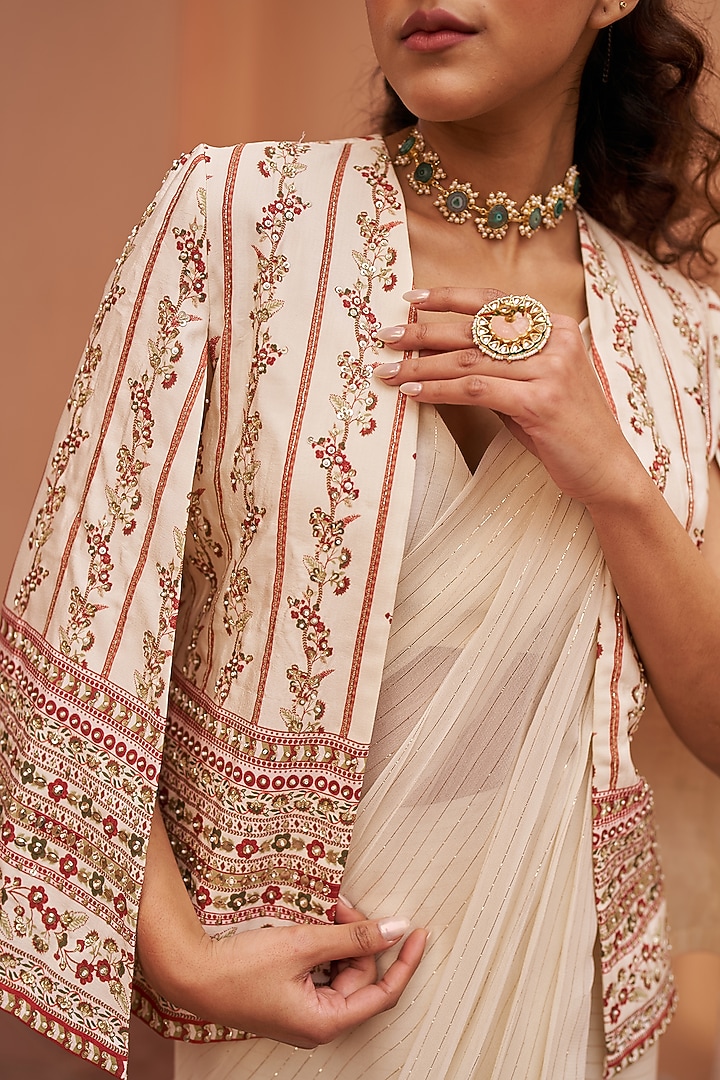 Ivory Georgette & Crepe Pre-Stitched Wedding Saree Set by Chhavvi Aggarwal at Pernia's Pop Up Shop