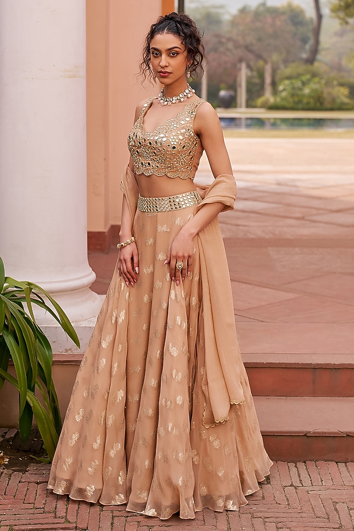 Beige-Gold Banarasi Georgette Embroidered Banarasi Wedding Lehenga Set by Chhavvi Aggarwal at Pernia's Pop Up Shop