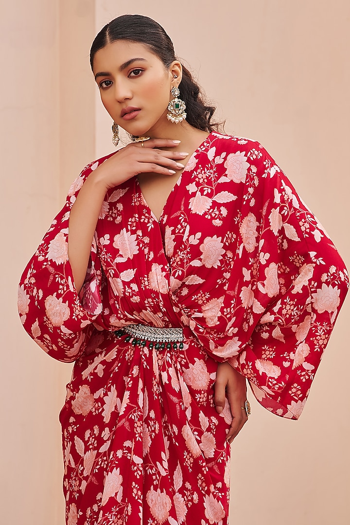 Red Crepe Printed Draped Kaftan by Chhavvi Aggarwal at Pernia's Pop Up Shop