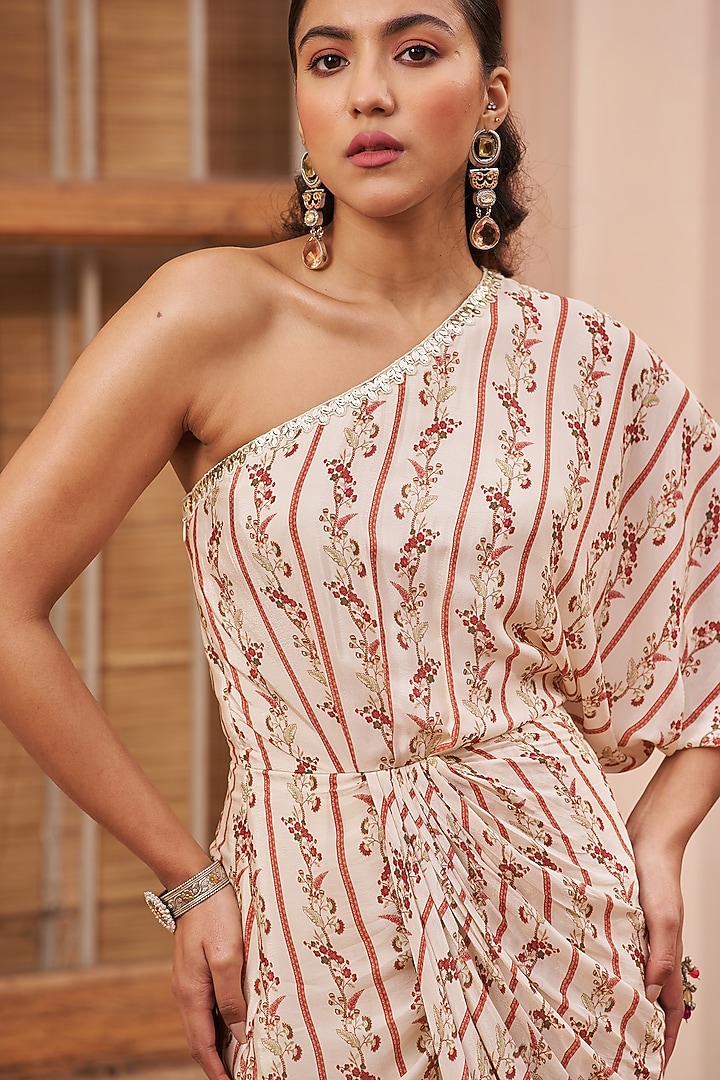 Ivory Crepe Hand Embroidered Draped Vacation Dress by Chhavvi Aggarwal at Pernia's Pop Up Shop