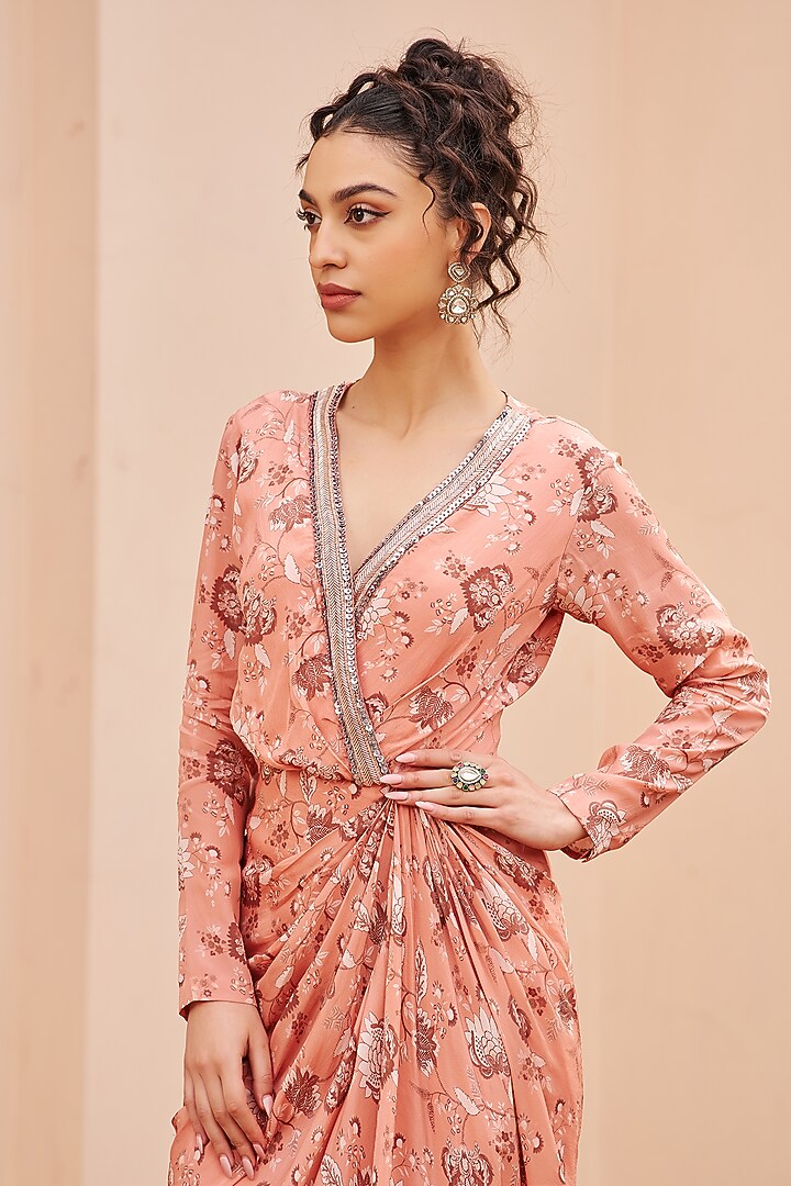 Peach Crepe Printed and Hand Embroidered Draped Vacation Dress by Chhavvi Aggarwal at Pernia's Pop Up Shop