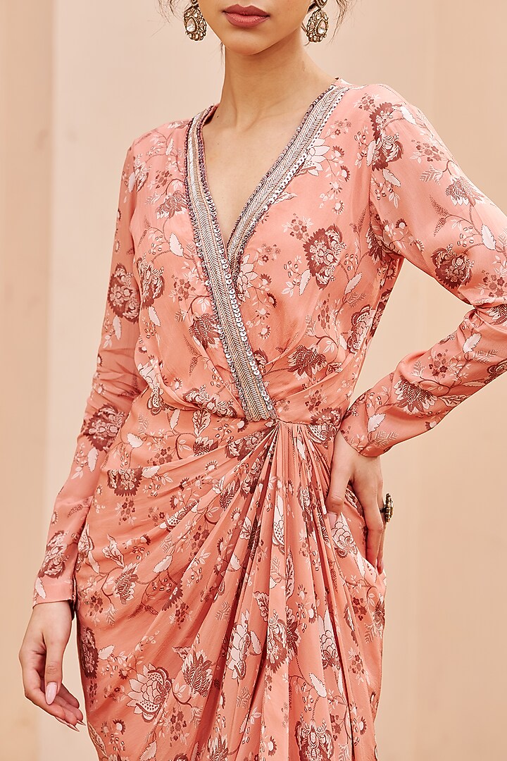 Peach Crepe Printed and Hand Embroidered Draped Vacation Dress by Chhavvi Aggarwal at Pernia's Pop Up Shop