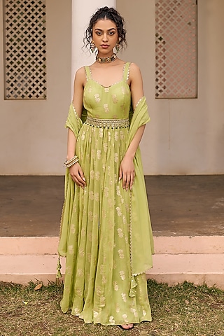 Green Banarasi Georgette Anarkali Set by Chhavvi Aggarwal