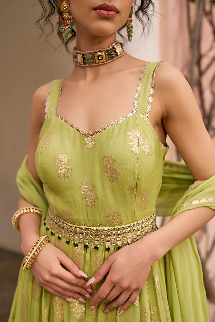 Green Banarasi Georgette Wedding Anarkali Set by Chhavvi Aggarwal at Pernia's Pop Up Shop