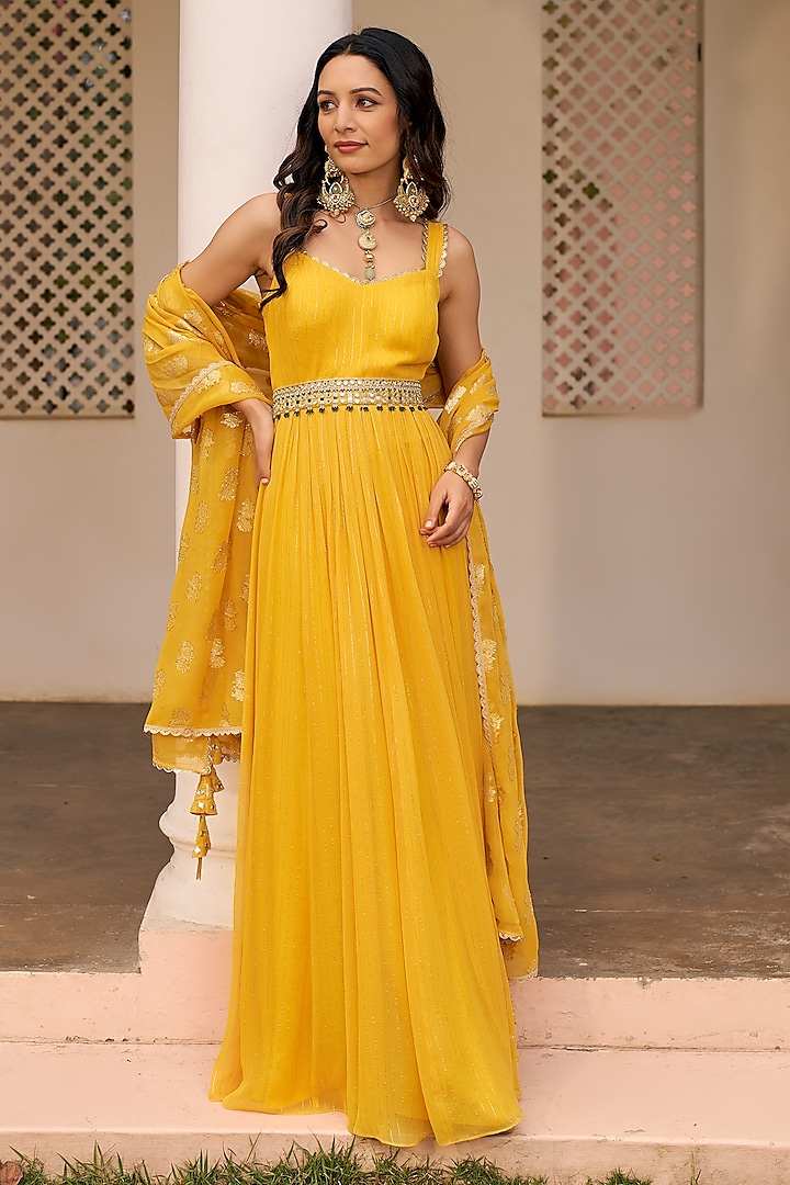 Yellow Lurex Georgette Anarkali Set by Chhavvi Aggarwal